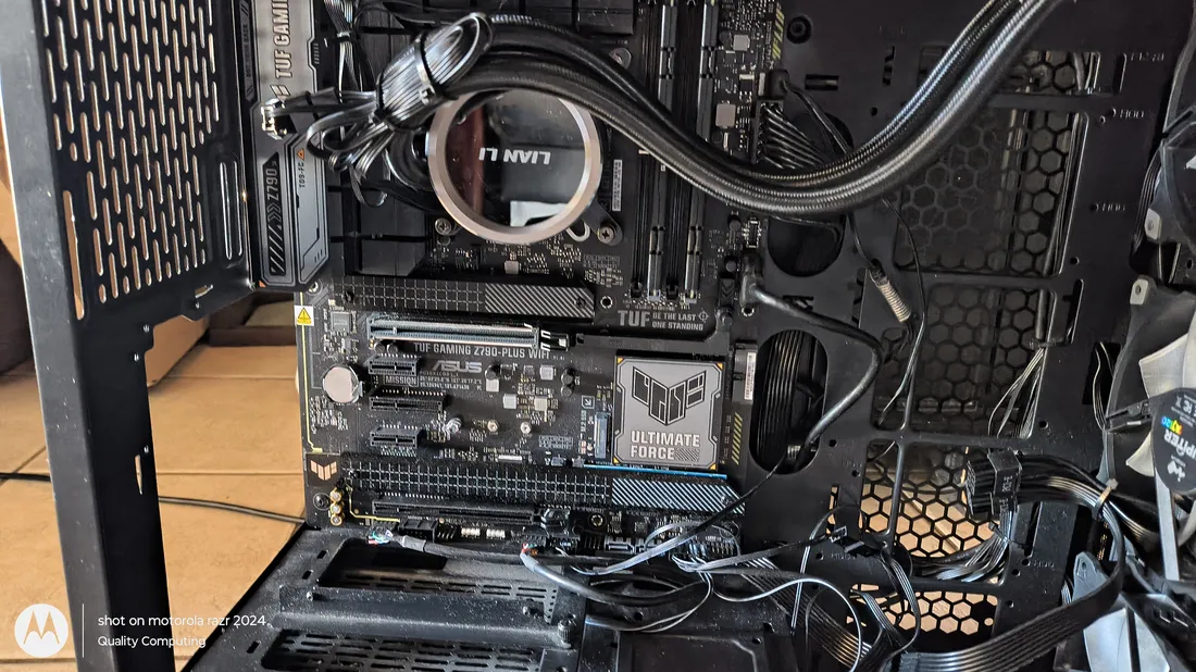 Custom PC mid-build on the workbench at Quality Computing in Conyers