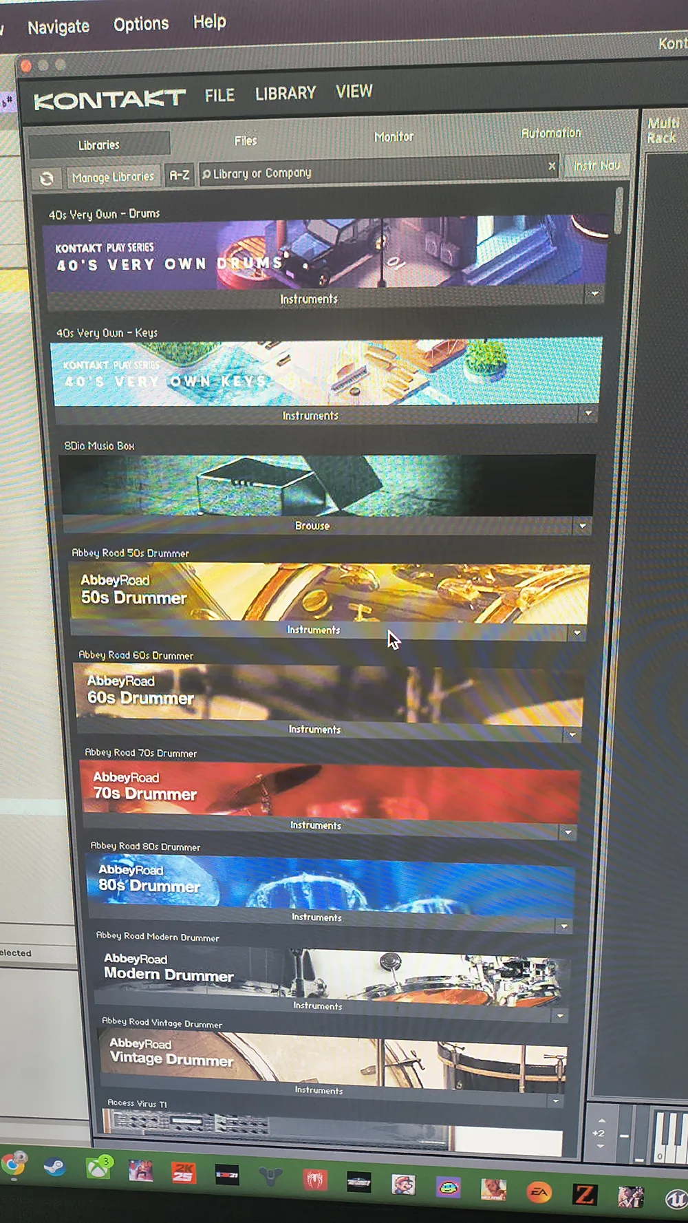 Kontakt library wall loaded on the studio computer at Quality Studios in Conyers